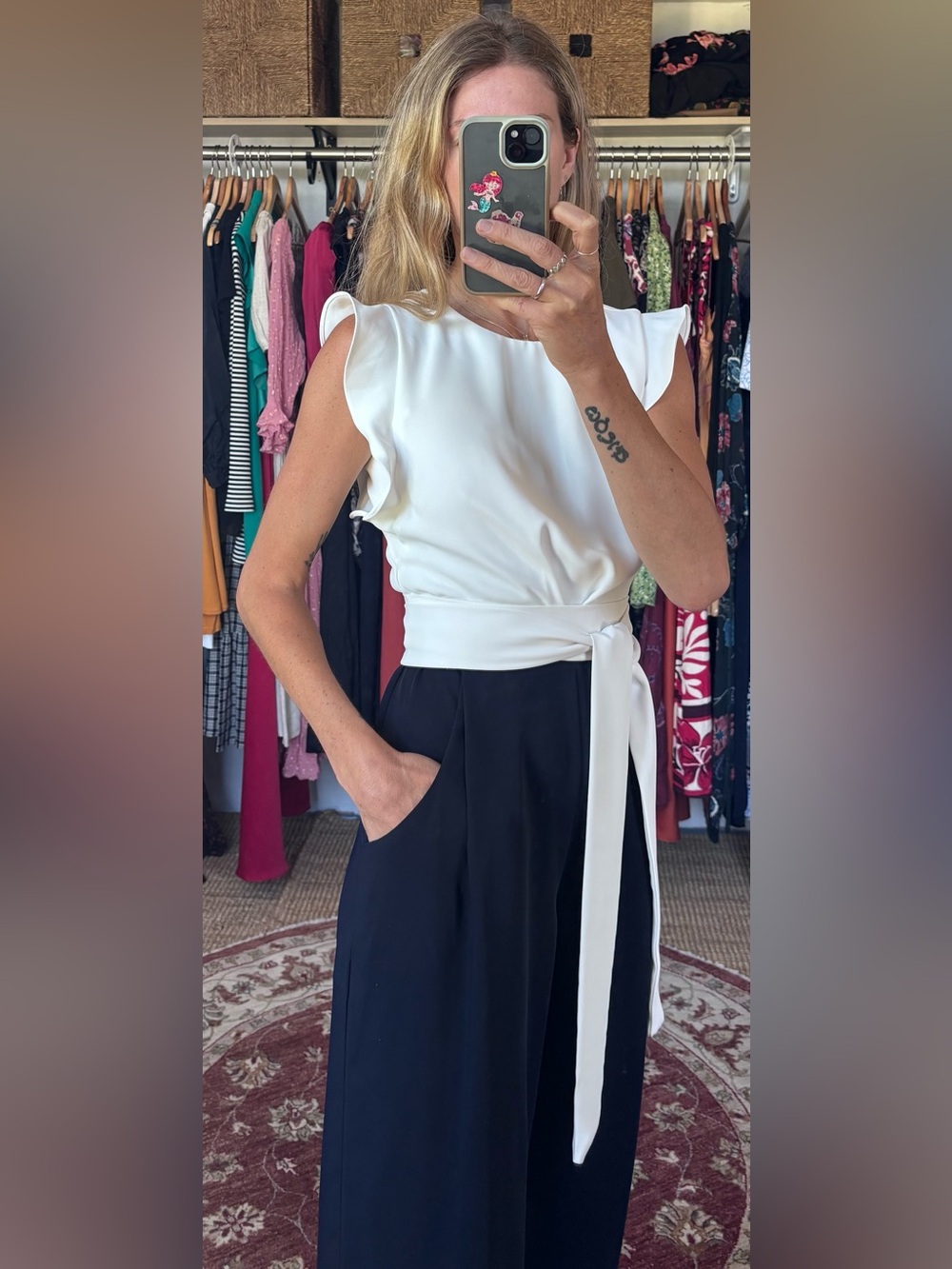 Phase Eight White Ruffle Navy Blue Belted Pocket Wide Leg Tailored Jumpsuit - Picture 4 of 16